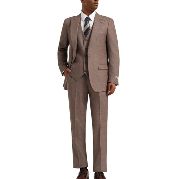 Brown Plaid Peak Lapel 3 Piece Stacy Adams Men's Suit - Picture 2 of 3